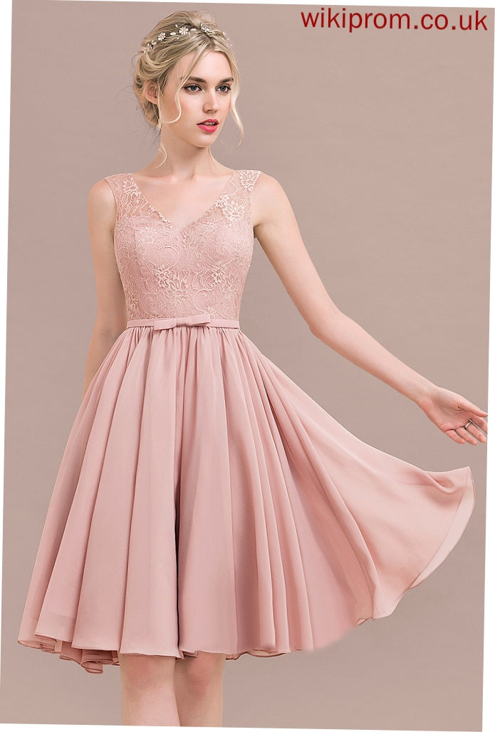 Lace Chiffon A-Line Yadira Homecoming Knee-Length Bow(s) Dress Lace V-neck Homecoming Dresses With