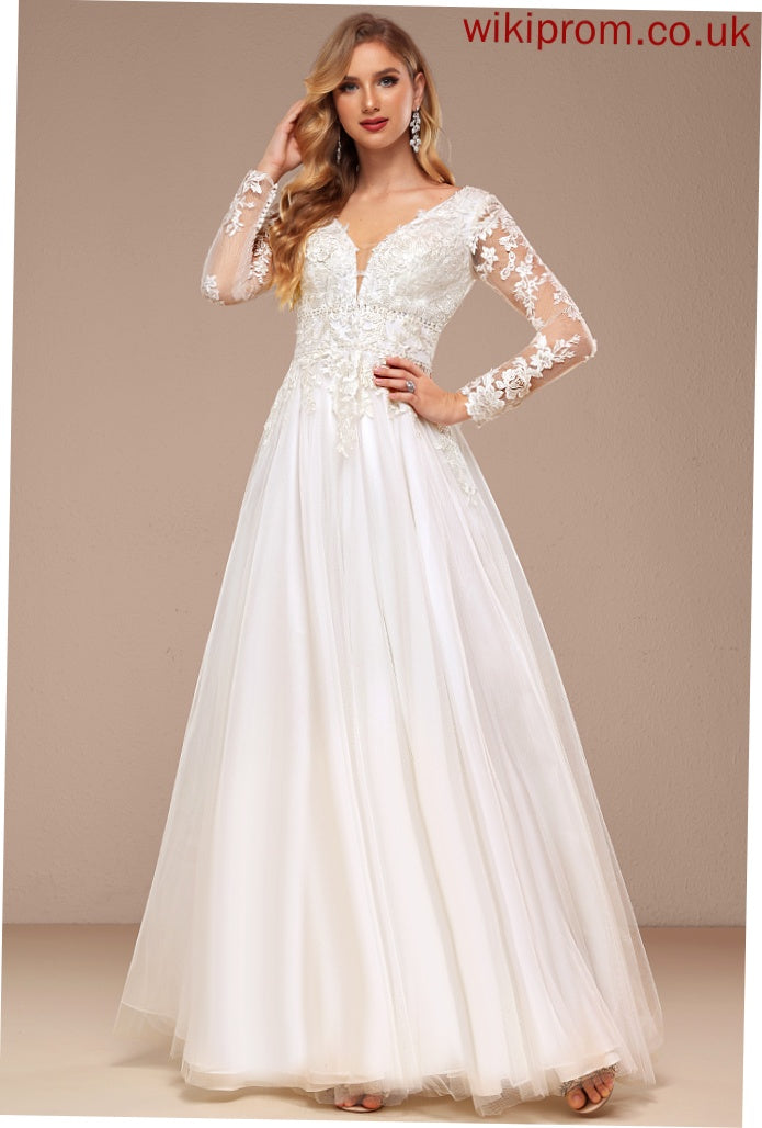 Tulle Sequins A-Line With Wedding Lily Floor-Length Wedding Dresses Beading V-neck Dress Lace