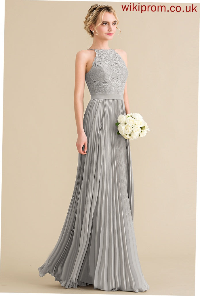 Lace Floor-Length Prom Dresses A-Line Scoop Cecelia Pleated Chiffon With