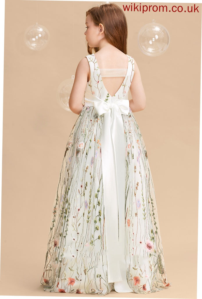 With - Girl V-neck Jacquard Flower Girl Dresses Phoenix Flower(s)/Bow(s) A-Line Flower Floor-length Dress Sleeveless