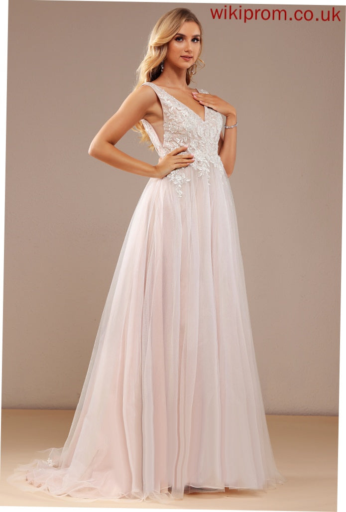 Train Tulle Ball-Gown/Princess Lace Maya Lace Wedding Dresses Sweep Wedding V-neck Dress With