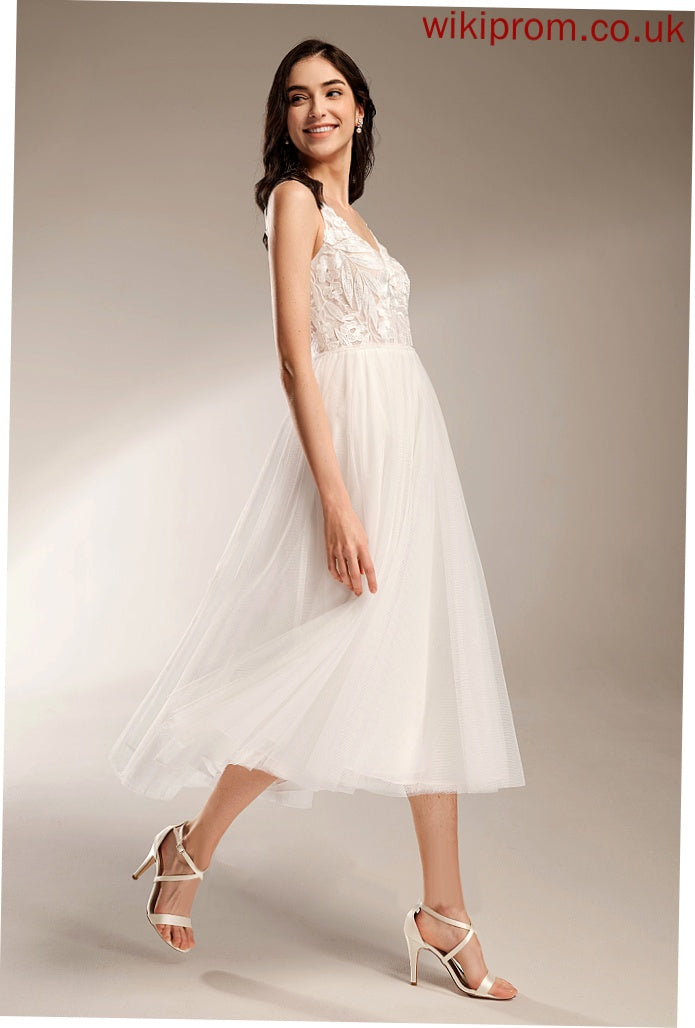 Tulle Tea-Length Wedding Dresses Dress Lace Wedding V-neck A-Line Mariah