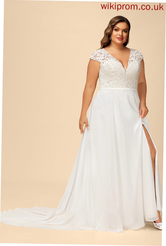 Split With Kassidy Lace Dress Chiffon A-Line Train Sweep V-neck Front Wedding Dresses Wedding