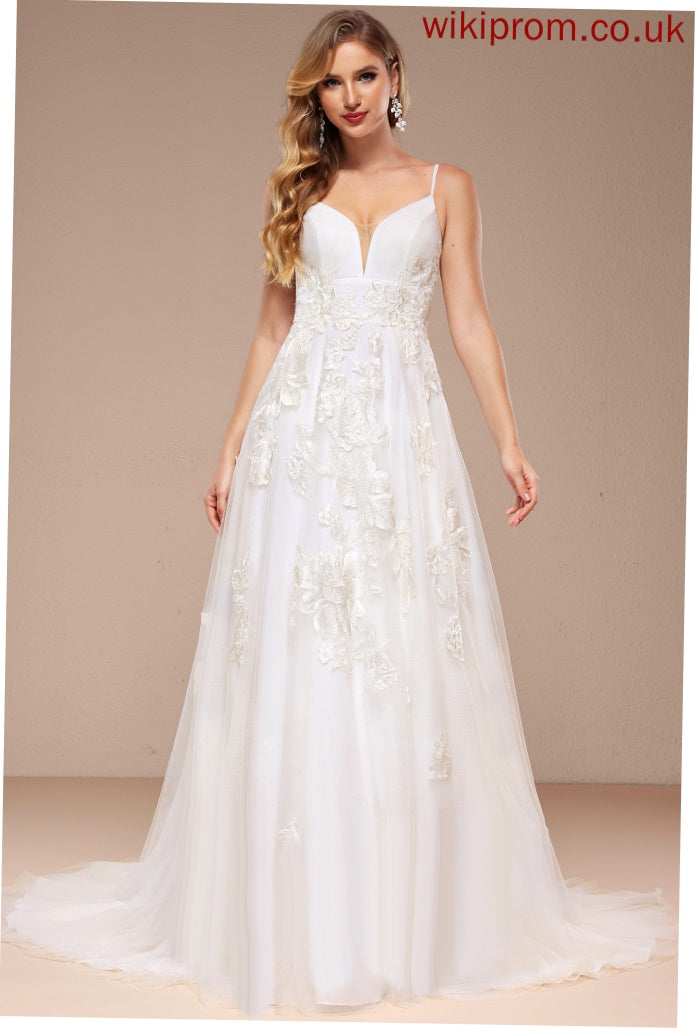 Court Tulle Ball-Gown/Princess Dress Train Lace Alma Wedding V-neck With Wedding Dresses Sequins