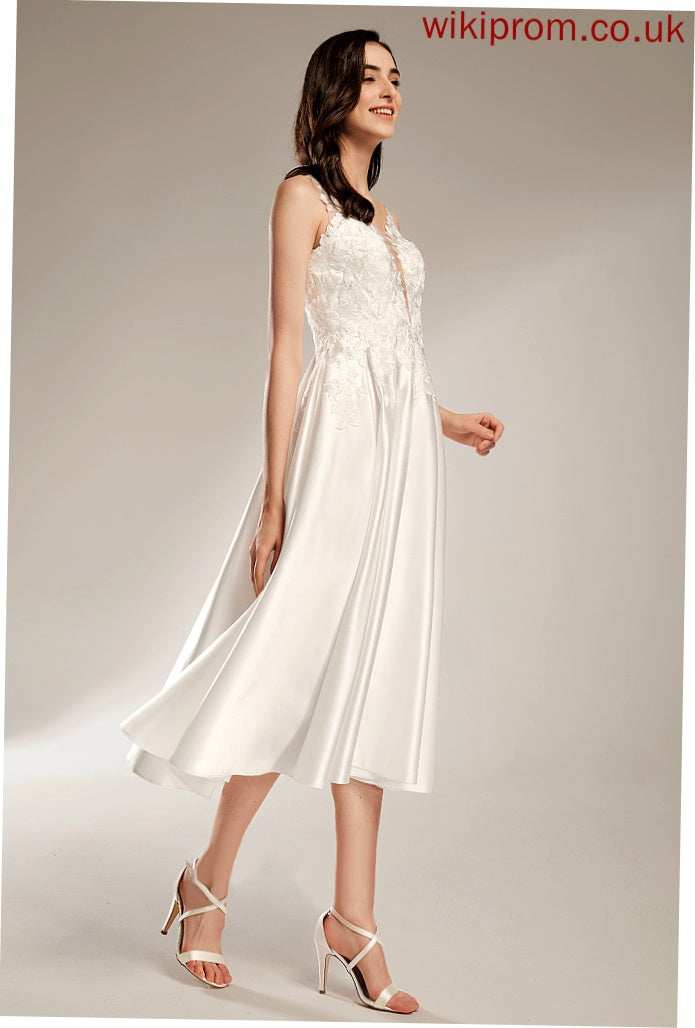 Tea-Length Wedding Wedding Dresses Guadalupe With A-Line Dress Satin Lace V-neck Pockets