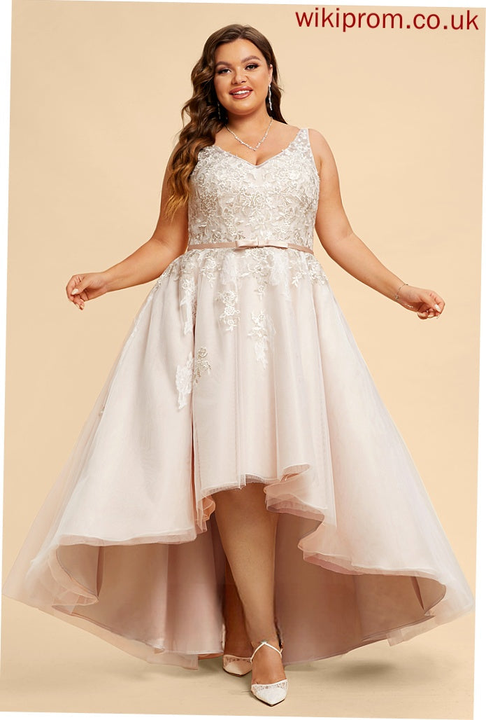 Satin Cassie Wedding A-Line Dress With Tulle Wedding Dresses Asymmetrical V-neck Lace Bow(s)