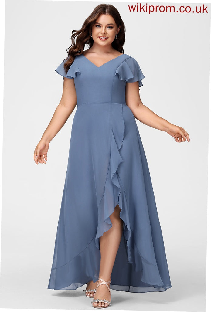 Ruffle Embellishment Neckline Silhouette A-Line V-neck SplitFront Fabric Length Asymmetrical Princess Sleeveless Bridesmaid Dresses