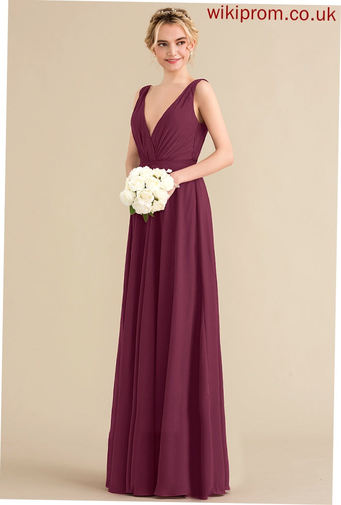 Chiffon A-Line Emelia Pleated Floor-Length Prom Dresses V-neck With