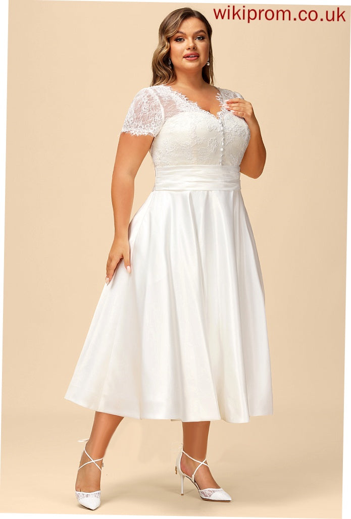 Wedding Tea-Length Sadie Satin Dress Wedding Dresses V-neck A-Line Ruffle With Lace