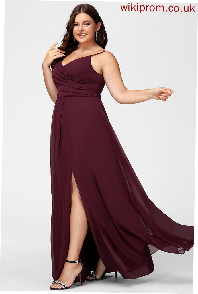 Silhouette A-Line Length Ruffle SplitFront Floor-Length Fabric Embellishment Neckline V-neck Winifred Natural Waist Bridesmaid Dresses