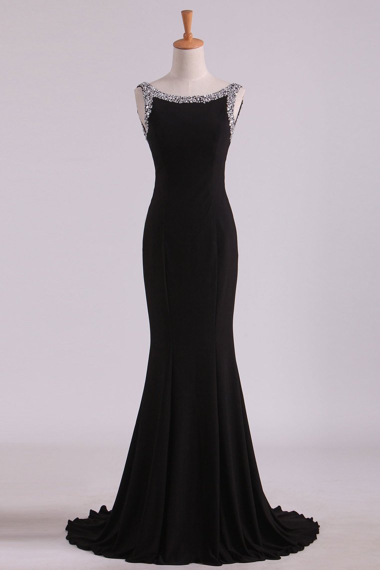 Bateau Prom Dresses Mermaid Open Back Mermaid With Beading Black