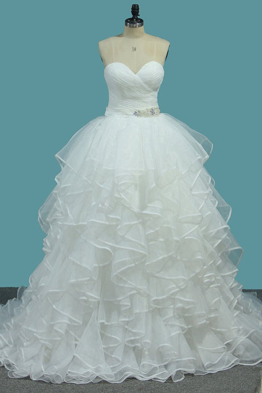 Organza A Line Sweetheart Bridal Dresses With Covered Button Court Train