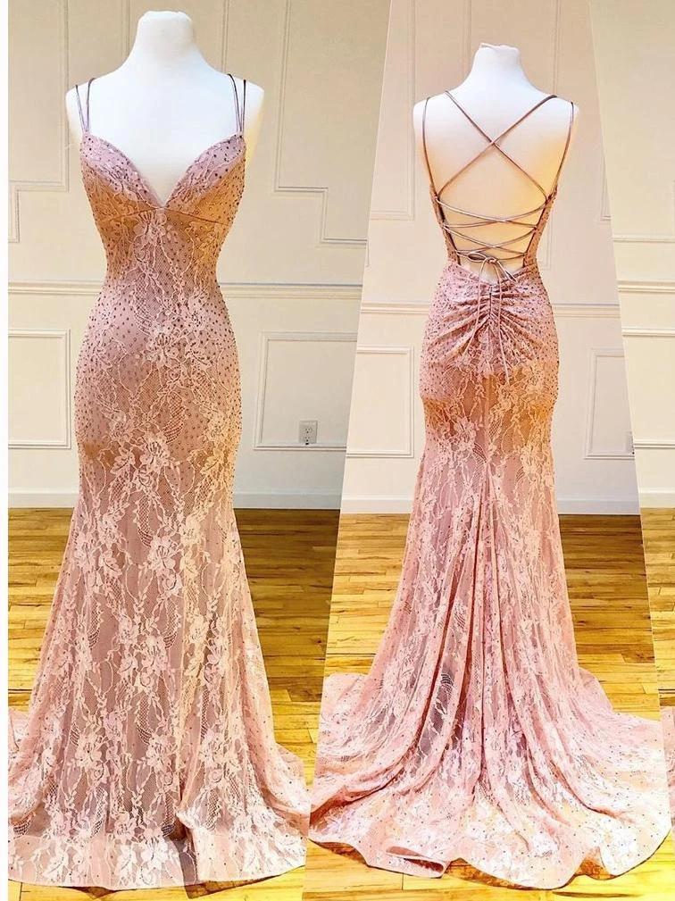 Mermaid Spaghetti Straps Pink Lace V Neck Beads Prom Dresses with SWK15654