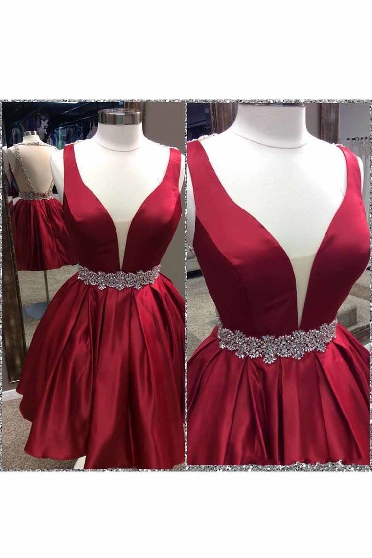 Sexy Open Back V Neck Satin With Beading A Line Cocktail Dresses