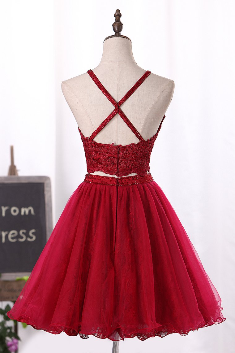 Two-Piece Spaghetti Straps Homecoming Dresses A Line Tulle With Applique