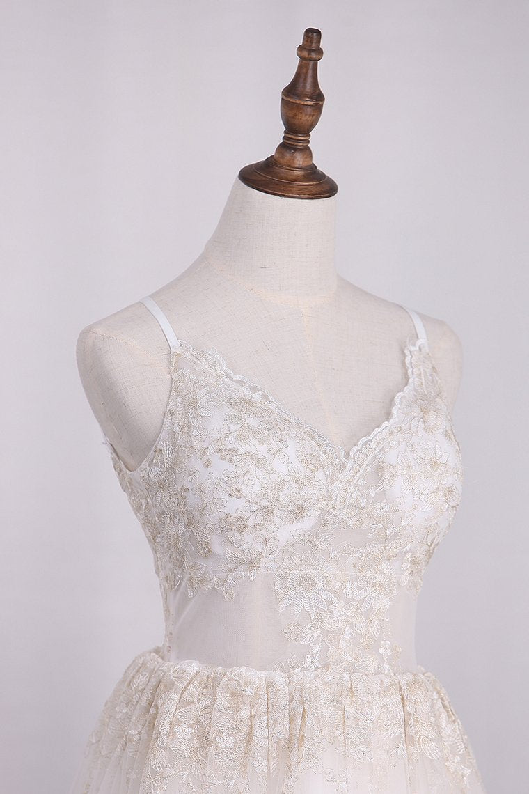 New Arrival Spaghetti Straps A Line Lace Wedding Dresses Open Back