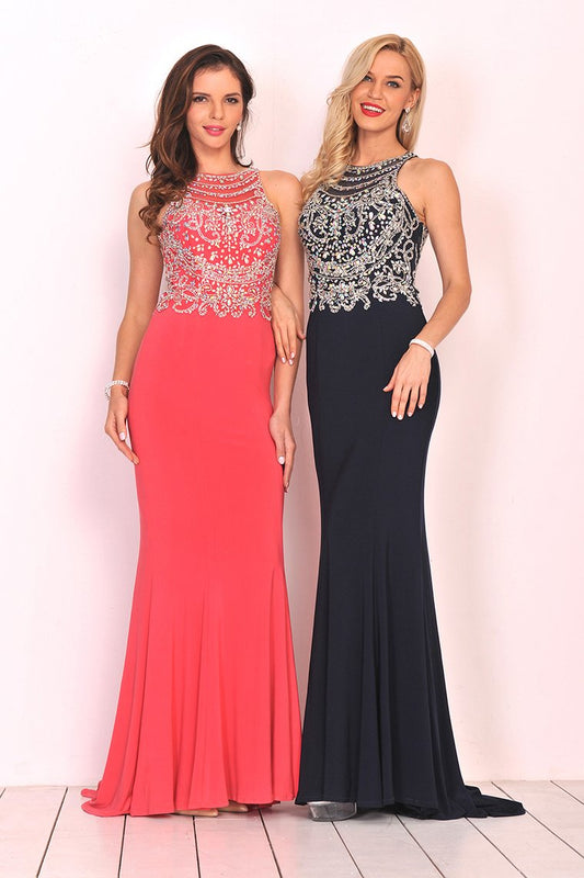 Spandex Scoop With Beading Prom Dresses Mermaid Sweep Train