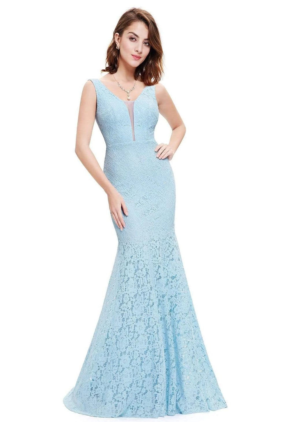 Sexy Fitted Lace Mermaid Blue V Neck Long Prom Dresses Evening Dresses SWK15334