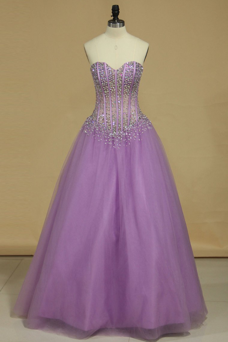 Sweetheart A-Line Prom Gown Sweep Train Tulle Beaded Bodice