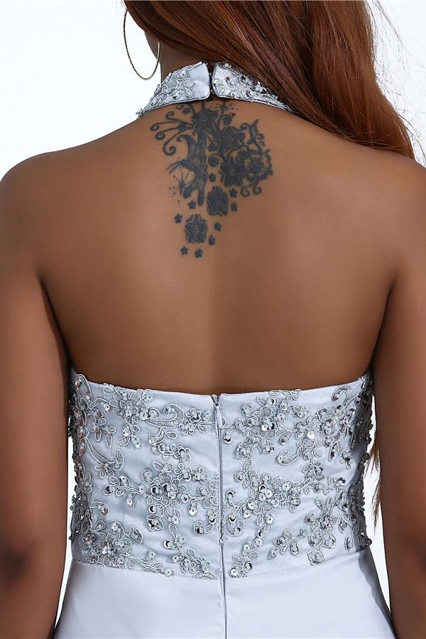 Charming Mermaid Halter Silver Sequins Prom Dresses with Appliques, Party SRS15629