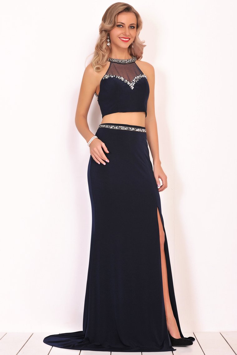 Two-Piece Scoop Spandex Prom Dresses Mermaid With Beading