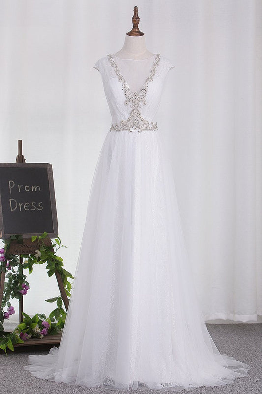 Wedding Dresses Tulle Scoop A Line With Applique And Beads Sweep Train