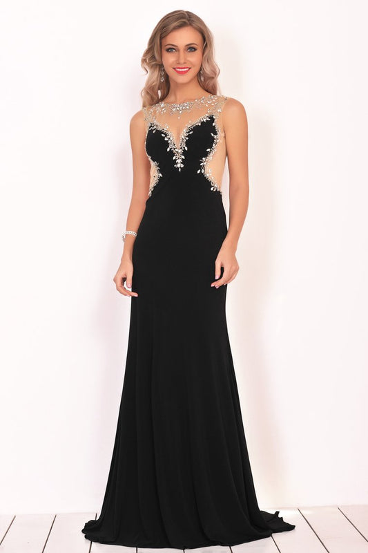 Mermaid Boat Neck Spandex Prom Dresses With Beads&Rhinestones