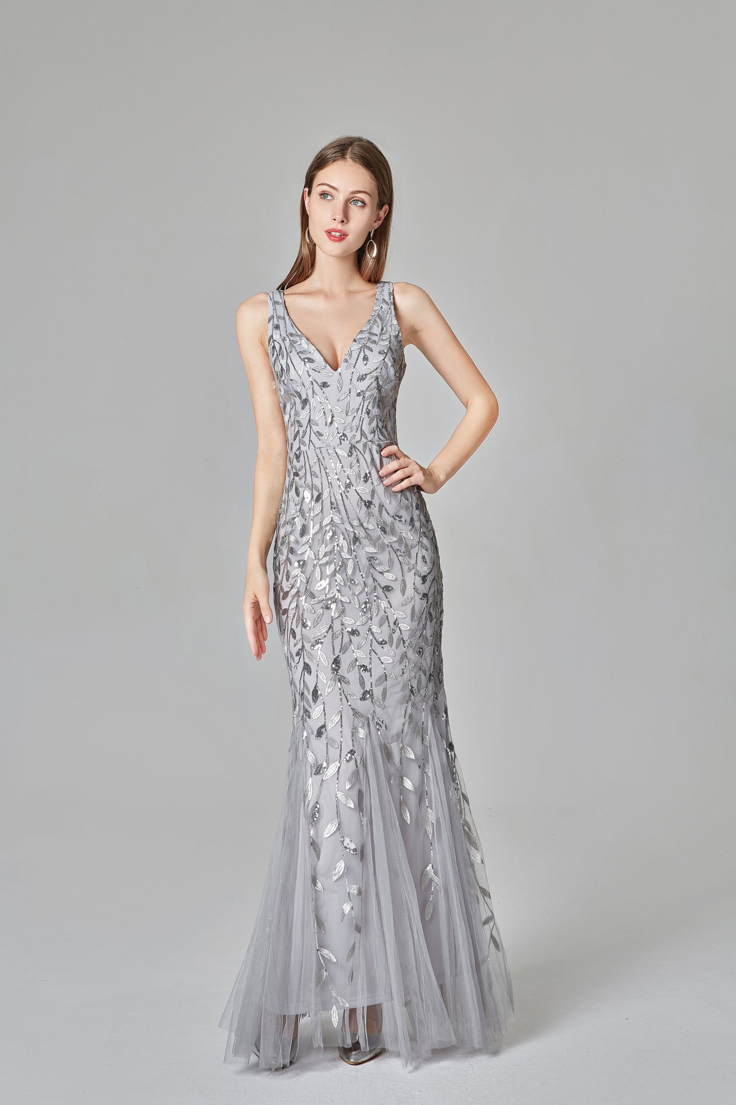 Sexy V Neck Silver Mermaid Prom Dresses, Embroidered Sequins Long Evening Dresses SWK15368