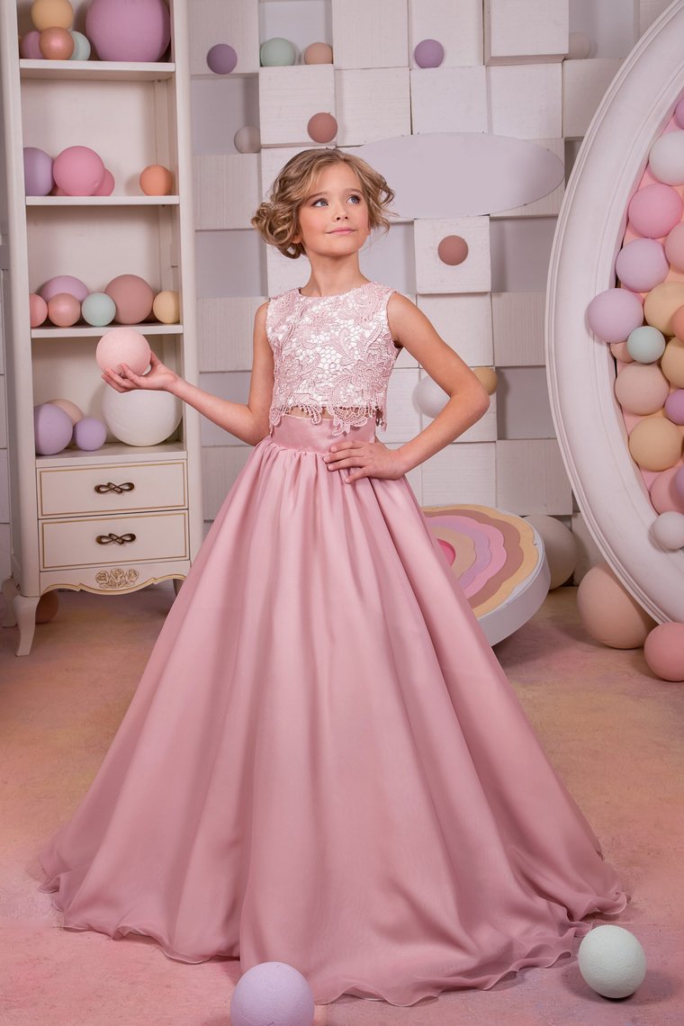 Two-Piece Scoop Chiffon & Lace A Line Flower Girl Dresses Sweep Train