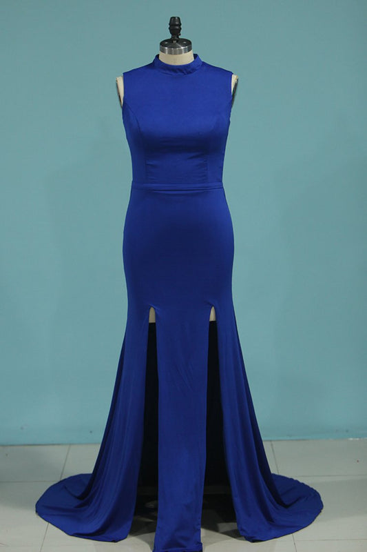 Mermaid High Neck Spandex With Slit Evening Dresses Sweep Train