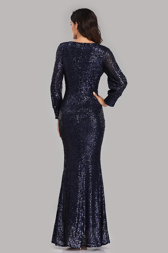 Long Split Sleeve Mermaid V Neck Dark Navy Blue Sequins Prom Dresses, Formal Dress SWK15256