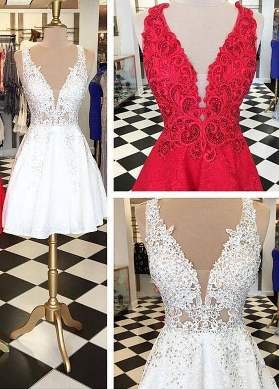 Stylish V-neck Sleeveless White Lace Short Homecoming Dress Beaded WK486