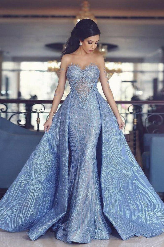 Elegant Blue Long Sleeve Mermaid Appliques Long Prom Dresses, Party Dresses SWK15161