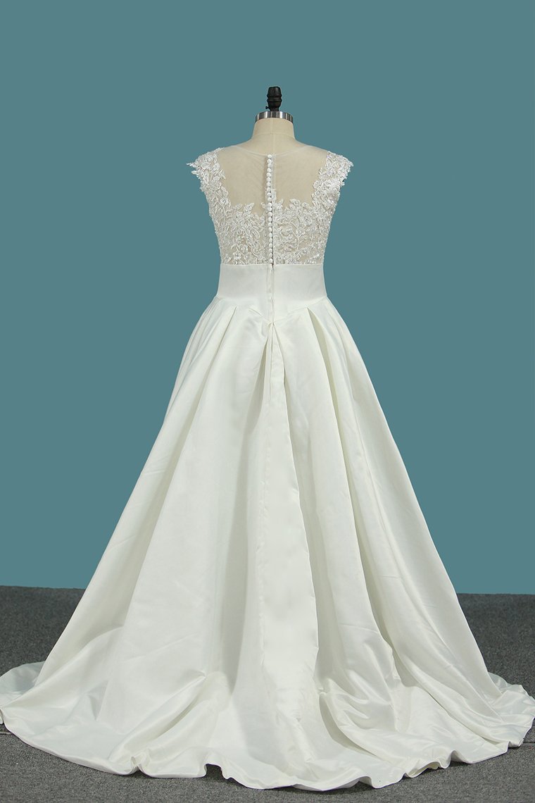 A Line Satin Scoop Wedding Dresses With Applique Asymmetrical