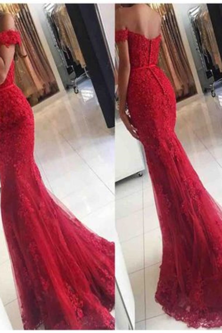 Red Off The Shoulder Prom Dresses Mermaid Tulle With Applique Covered Button