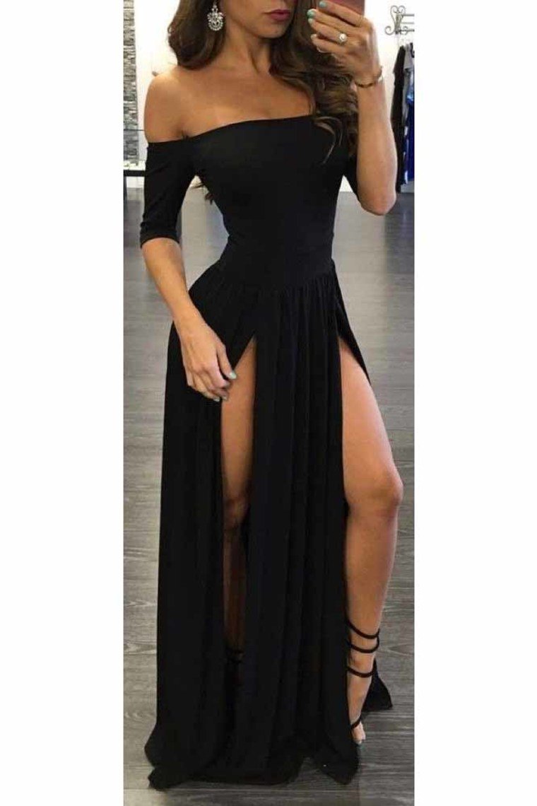 New Arrival Boat Neck Evening Dresses A Line Spandex With Slit