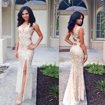 Beaded Rhinestone Mermaid Long Open Back Sleeveless with Slit Prom Dresses WK951