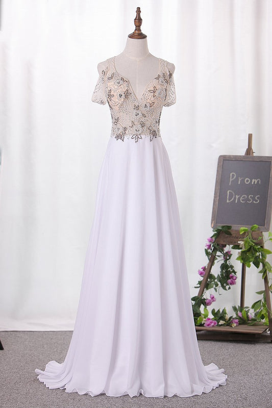 A Line Straps Chiffon Prom Dresses Beaded Bodice Sweep Train