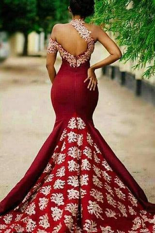 Charming Burgundy Prom Dresses Mermaid Long Lace Appliqued Sleeveless Formal SWK11407