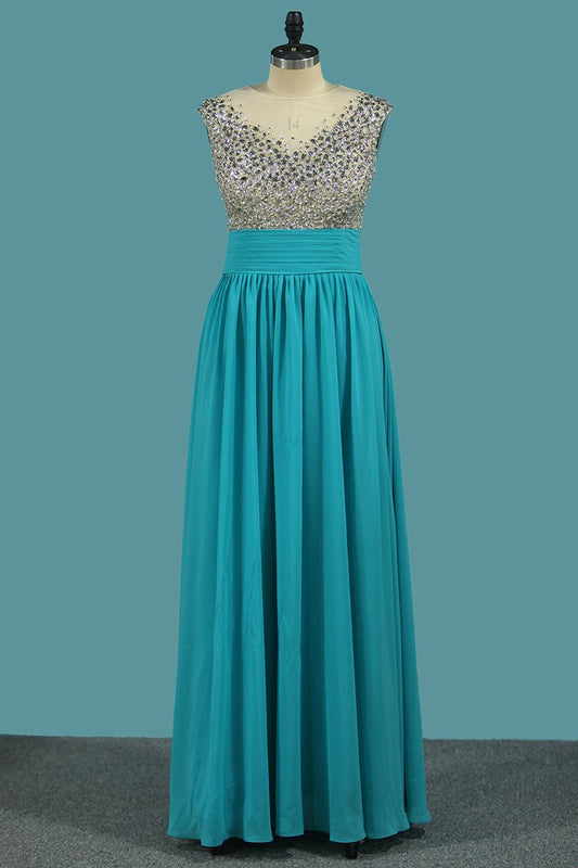 Chiffon A Line Scoop Prom Dresses With Beaded Bodice And Ruffles