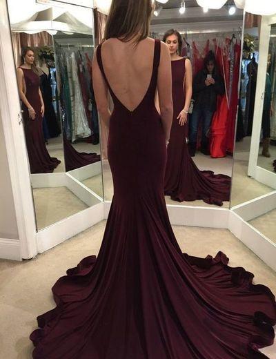 Elegant Scoop Sweep Train Burgundy Backless Mermaid Sleeveless Floor-Length Prom Dresses WK47