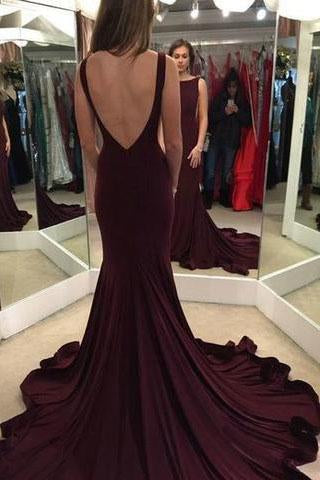 Elegant Scoop Sweep Train Burgundy Backless Mermaid Sleeveless Floor-Length Prom Dresses WK47