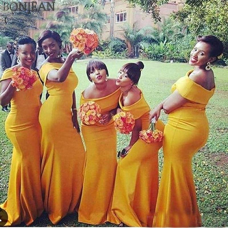 Elegant Yellow Mermaid Off the Shoulder Prom Dresses, Bridesmaid Dresses SWK15220