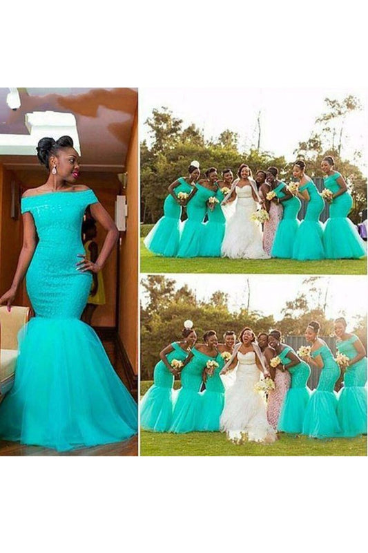 Boat Neck Mermaid Bridesmaid Dresses Tulle & Lace Sweep Train