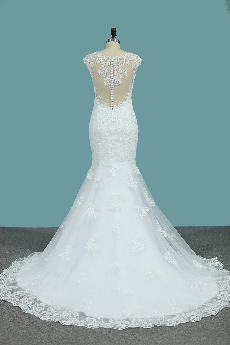 Mermaid Wedding Dresses Scoop Tulle With Applique Court Train