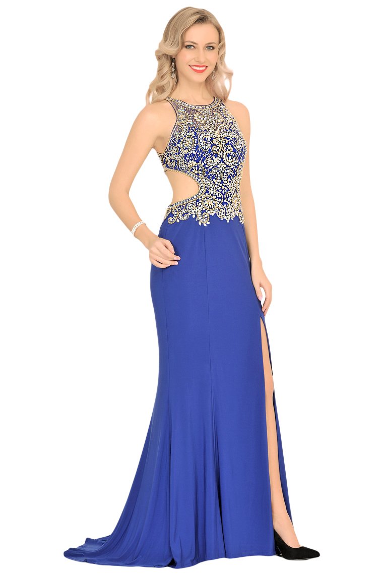 Sexy Open Back Scoop Mermaid Prom Dresses Spandex With Beads And Slit