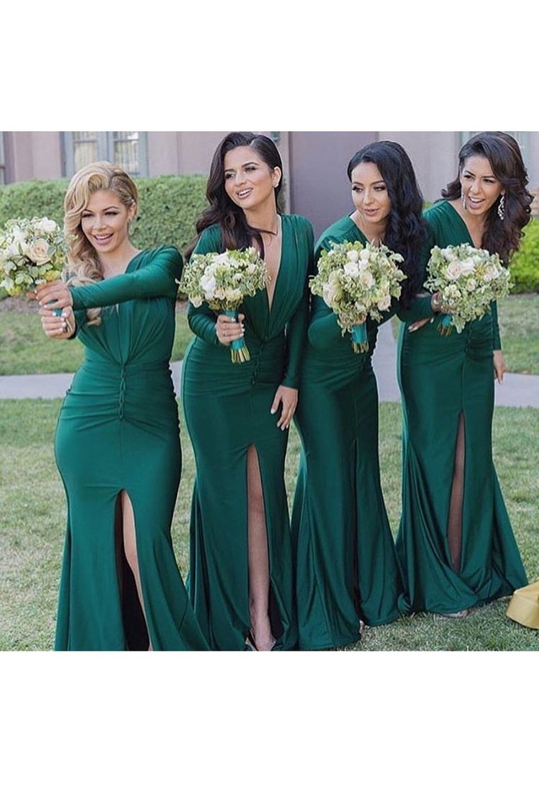 V Neck Long Sleeves Mermaid Bridesmaid Dresses With Slit