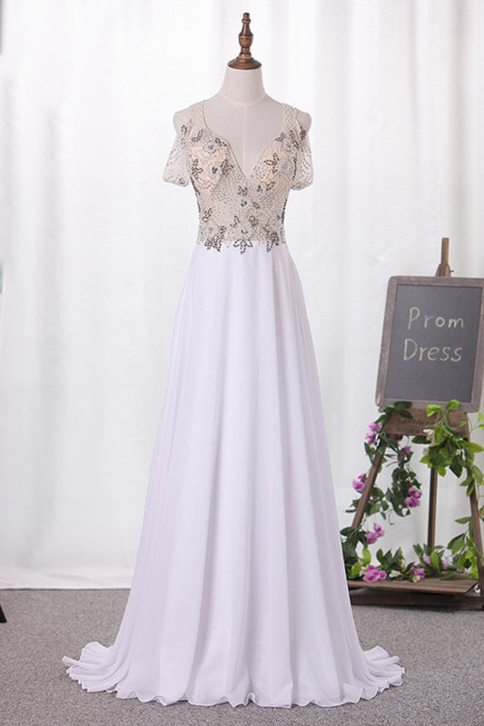 Prom Dresses A Line Straps Beaded Bodice Chiffon Sweep Train