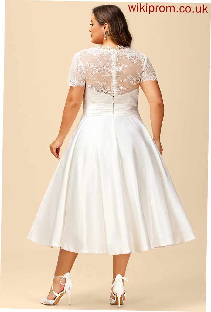 Wedding Tea-Length Sadie Satin Dress Wedding Dresses V-neck A-Line Ruffle With Lace