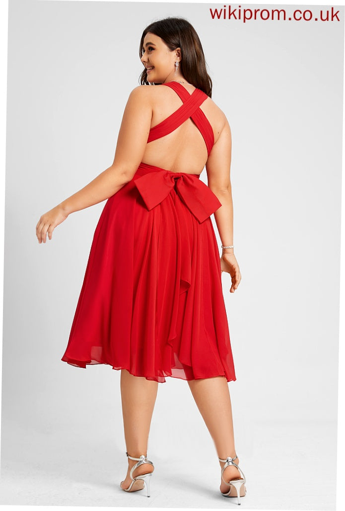 Ruffle Knee-Length V-neck Amirah Chiffon Cocktail Dress A-Line Cocktail Dresses With Bow(s)